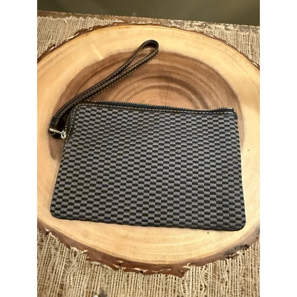 COACH Black & Gray Checkered Corner‎ Zip Wristlet Pouch Wallet #F13311
